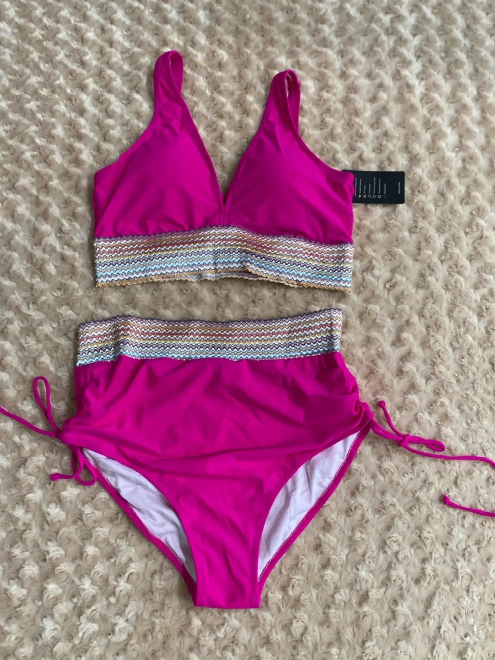 New Women Large Hot pink high-waisted two-piece bikini set featuring a V-neck
